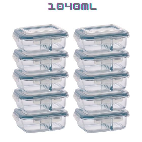 Kit 10 Potes de Vidro com Divisória Marmita 4 Travas 1040ml Menor preço em Kit 10 Potes de Vidro com Divisória Marmita 4 Travas 1040ml