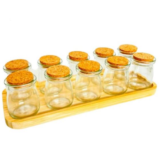 Imagem de Kit 10 Potes de Vidro com Tampa de Rolha 100ml + 1 Bandeja de Bambu Retangular Porta Temperos