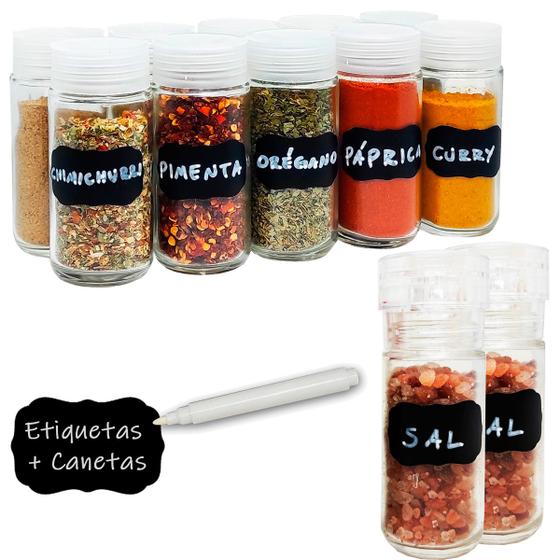 Imagem de Kit 10 Potes De Vidro Para Temperos E 2 Moedores De Sal + Etiqueta + Caneta -100ml