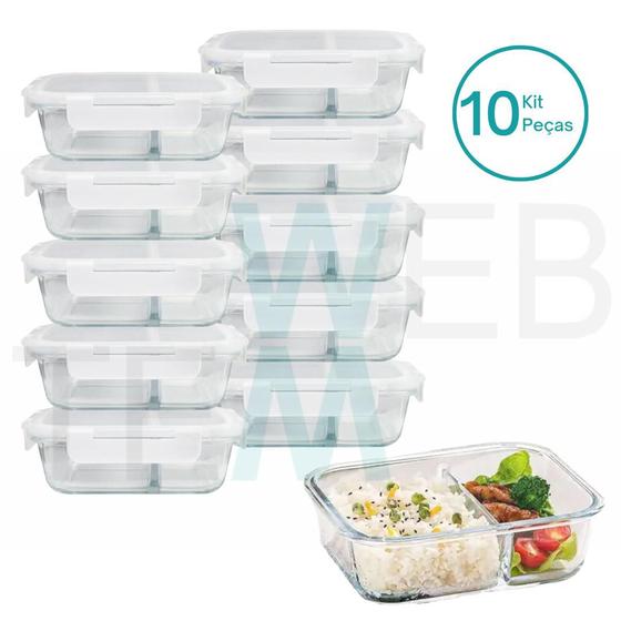 Imagem de Kit 10 Potes Hermético Marmita de Vidro Retangular Com Divisória 700ml Com Tampa BPA Free: Cozinha Organizada, Sustentabilidade e Alimentos Frescos