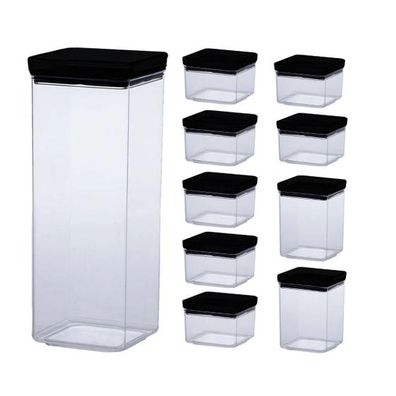 Imagem de Kit 10 Potes Hermético Quadrado Lumini Black 480/1000/2200ML