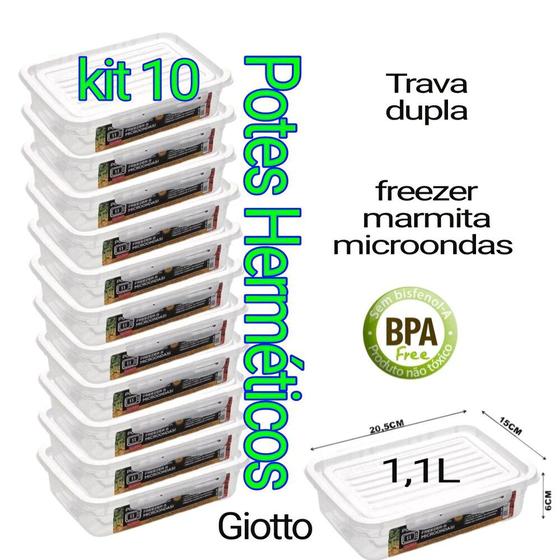Imagem de Kit 10 Potes Marmitas Fitness 1,1l Para Freezer Microondas Pote hermético vasilha