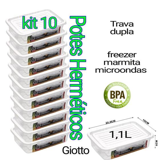 Imagem de Kit 10 Potes Plásticos 1litro transparente Freezer E Microondas