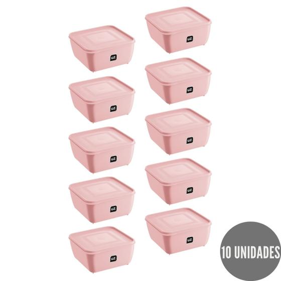 Imagem de Kit 10 Potes Quadrado Rosa Alimentos Fit 1,5L Boa Vedação