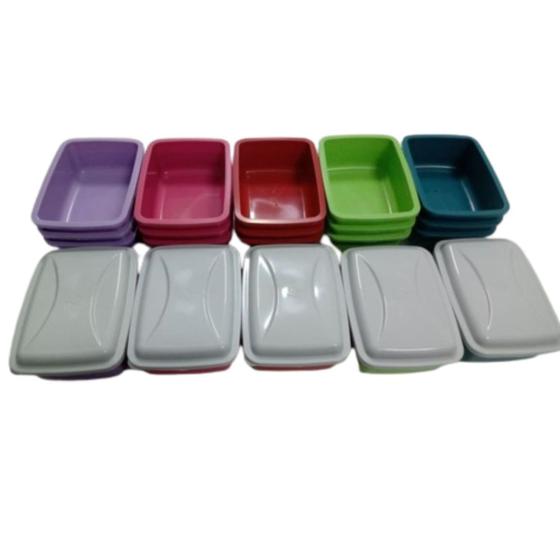 Imagem de Kit 10 Potes Retangulares com Tampa 350ml Coloridos Cozinha