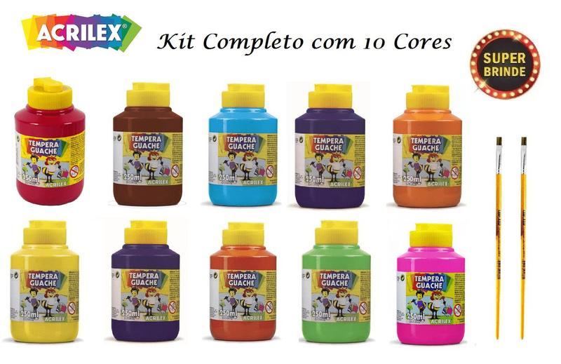 Kit 10 Potes Tinta T. Guache Acrilex 10 Cores 250ml Oferta ! Menor preço em Kit 10 Potes Tinta T. Guache Acrilex 10 Cores 250ml Oferta !