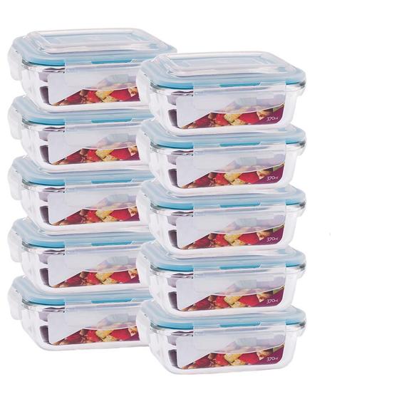 Imagem de Kit 10 Potes Vidro Hermético Retangular Tampa Marmita 370Ml
