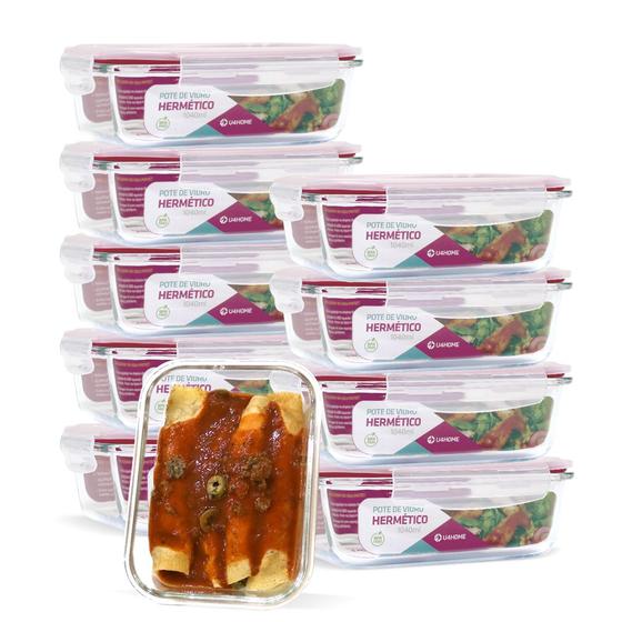 Imagem de KIT 10 Potes Vidro Herméticos Retangular 1040ml Vermelho