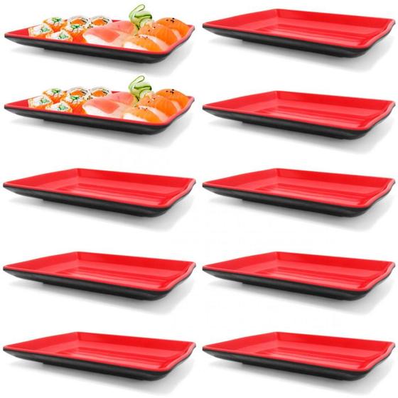 Kit 10 Pratos em Melamina Retangular 21x13 Cm Vermelho para Petiscos e Sushis Fuxing Menor preço em Kit 10 Pratos em Melamina Retangular 21x13 Cm Vermelho para Petiscos e Sushis Fuxing