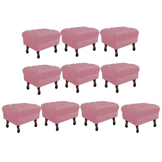 Imagem de Kit 10 Puff Retrô Capitonê Decorativo  Pé em Madeira Sala de Estar Recepção Escritório material sintético Rosa Bebê - Damaffê Móveis