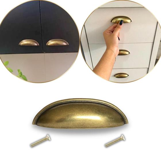 Kit 10 Puxador Concha Meia Lua, Ouro Velho Estilo Retrô, para Gaveta, Armário, Móveis, em Metal