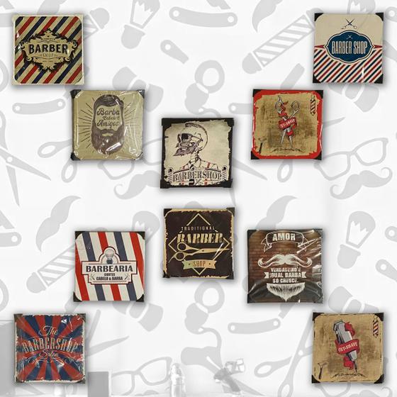 Imagem de Kit 10 Quadros Decorativos de Metal tema Barbearia 20x20 Luxo