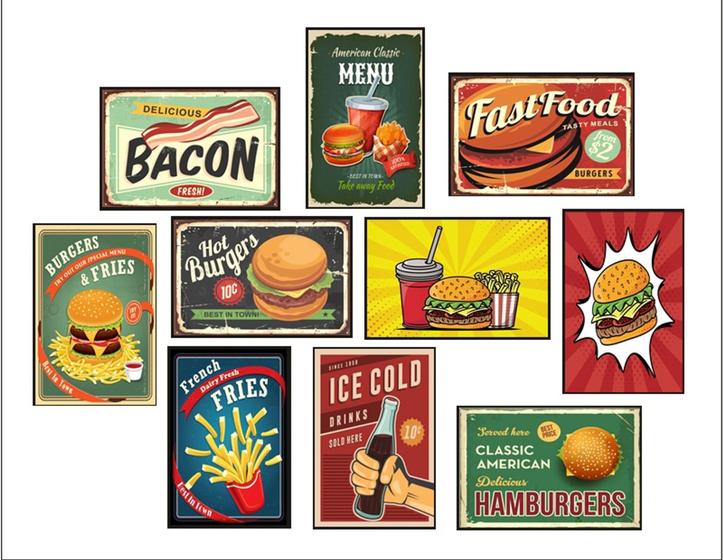 Imagem de Kit 10 Quadros Hamburgueria Lanchonete Retro Vintage 20x28cm