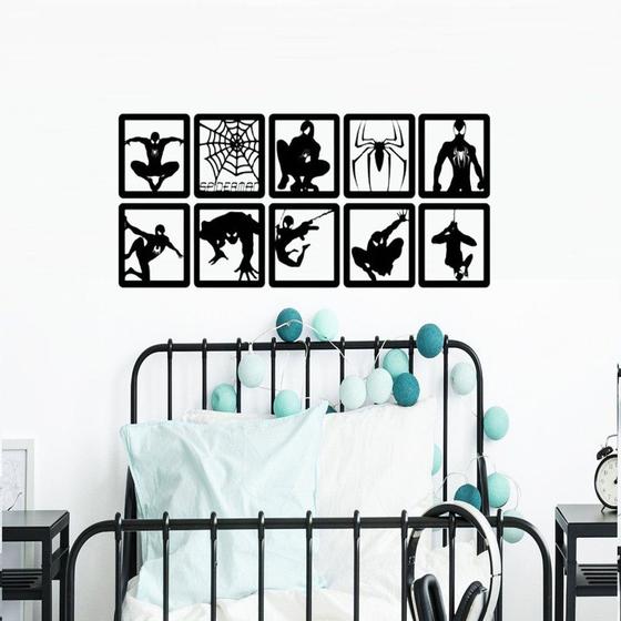 Imagem de Kit 10 Quadros Homem Aranha Spider Man Herói DC Mdf Preto Decorativo Quarto Sala Enfeite Parede