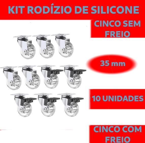 Imagem de Kit 10 rodízios  35mm de silicone  para móveis 5 com freio e 5 sem freio.