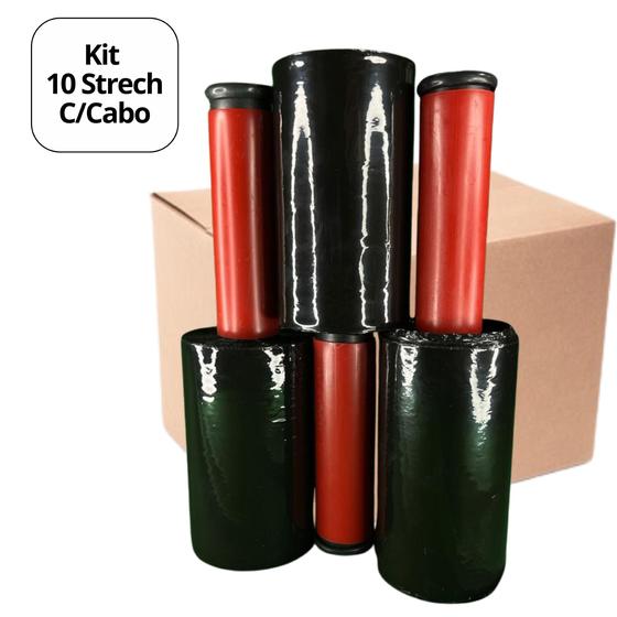 Imagem de Kit 10 Rolos Filme Stretch Preto Com Cabo Giratório 10cm