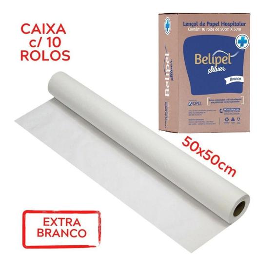 Imagem de Kit 10 Rolos Lençol Hospitalar de Papel Branco Descartável 50 x 50 Metros Para Macas Belipel