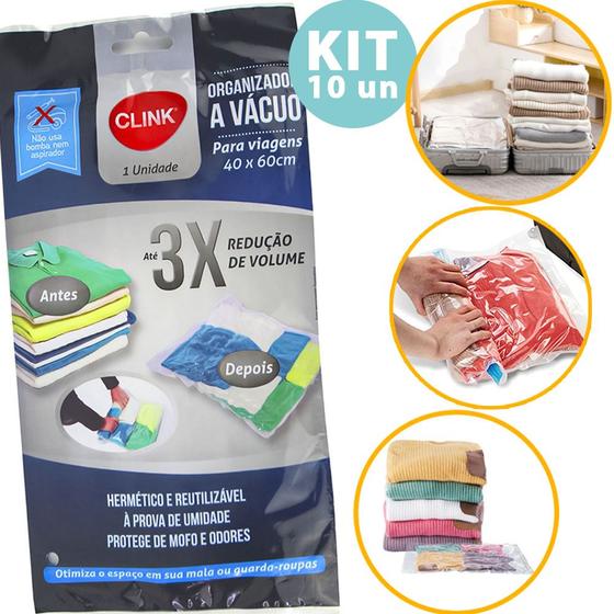 Imagem de Kit 10 Saco À Vácuo Embalagem Organizador Guarda Roupas Viagem 40x60cm