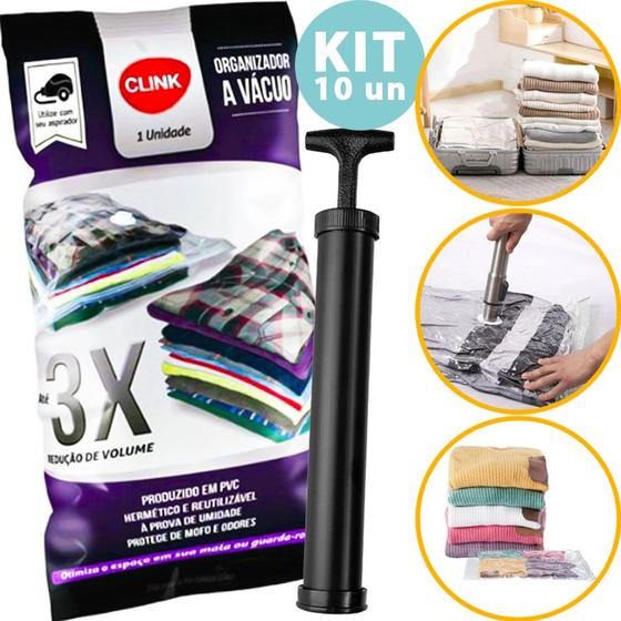 Imagem de Kit 10 Saco À Vácuo Embalagem Organizador Guarda Roupas Viagem 60x80cm + Bomba