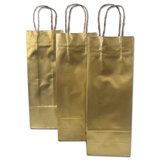 Imagem de Kit 10 Sacolas Para Presente Garrafa Dourado Ouro Tam 35x13x8cm Modelo Premium