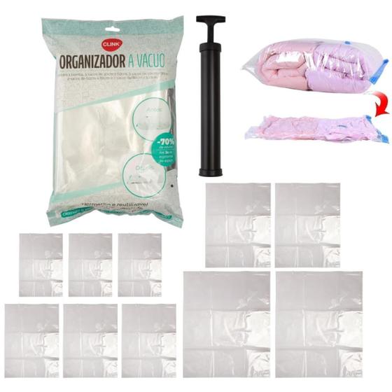 Imagem de Kit 10 Sacos Organizadores Vacuo Mala de Viagem Guarda Roupas Otimiza Espaço 3p 3m 2g 2gg Bomba