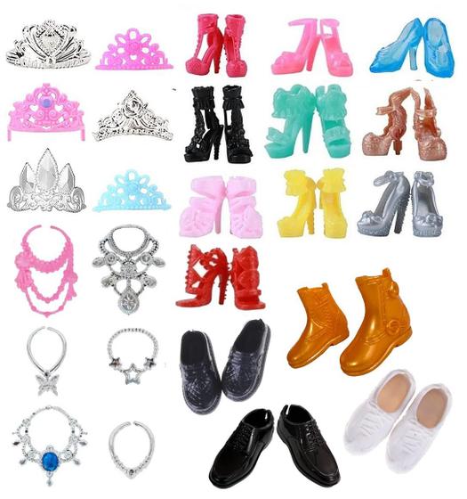 Imagem de Kit 10 Sapatos Barbie + 4 Sapatos Ken + 6 Coroas + 6 Colares