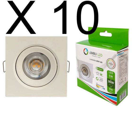 Imagem de KIT 10 SPOT LED QUADRADO DIRECIONAVEL EMBUTIR 5W BRANCO QUENTE 3000k BIV EMBULED