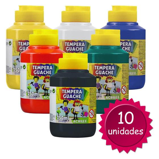 Kit 10 Tintas Tempera Guache 250ml Acrilex Menor preço em Kit 10 Tintas Tempera Guache 250ml Acrilex