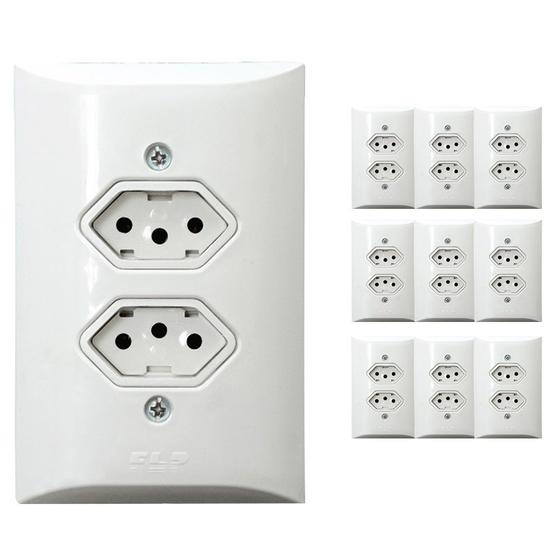 Imagem de Kit 10 Tomada Dupla 2p+t 20A Com Placa Espelho Branco Bivolt 127V e 250V Com Inmetro