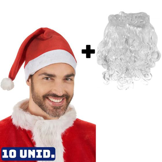 Imagem de Kit 10 Touca Gorro Veludo E Barba De Papai Noel Fantasia Natal