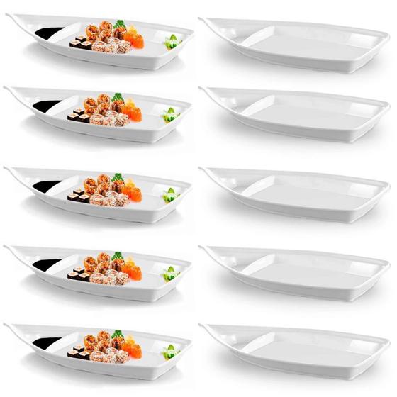 Imagem de Kit 10 Travessas 40 Cm Barcas para Comida Japonesa Sushi / Acai em Melamina Premium Branca  Bestfer 