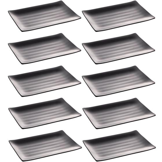 Imagem de Kit 10 Travessas de Melamina para Comida Japonesa Sushi Sashimi Pratos Retangulares Pretos Lyor