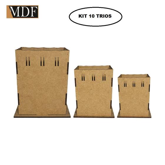 Imagem de Kit 10 Trio de Cachepot Borda Ondulada Passa Fita P M G Laser Mdf Madeira