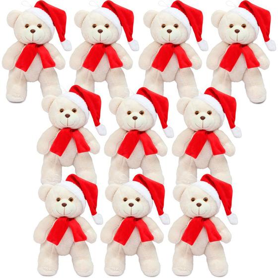 Imagem de Kit 10 Ursinho de Pelúcia de Natal 15cm Decoração Papai Noel cor Baunilha