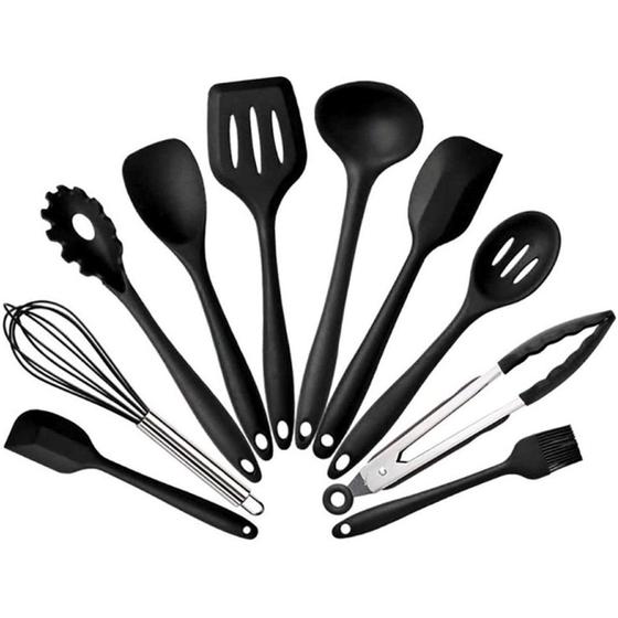 Imagem de Kit 10 Utensílios Cozinha Alta Temperatura Silicone Original Premium Reforçado - Preto ou Vermelho
