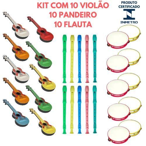 Imagem de Kit 10 Viola Infantil 10 Pandeiro 10 Flauta Brinquedo Instrumentos Musicais Violão Pandeirinho Flautinha