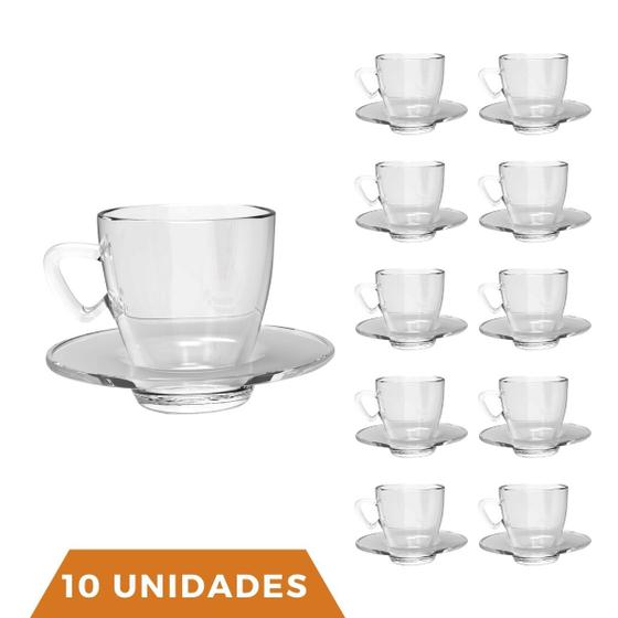 Imagem de Kit 10 Xícaras Chá e Café C/ Pires Vidro 220mL Transparente