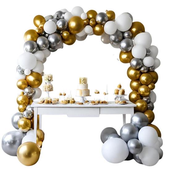 Imagem de Kit 100 Balões Branco + Dourado Metalizado + Prata metalizado Bexiga Balão de Festa de aniversário Artigo de Festa e Dec