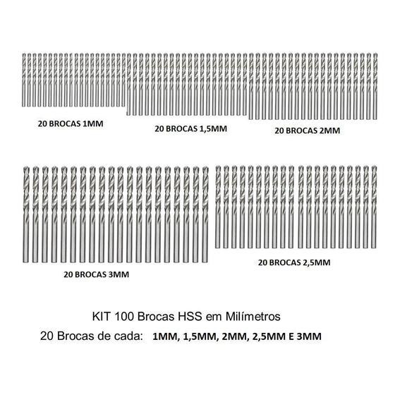 Imagem de Kit 100 Brocas Aço Rapido 1 Mm A 3 Mm Hss Din338