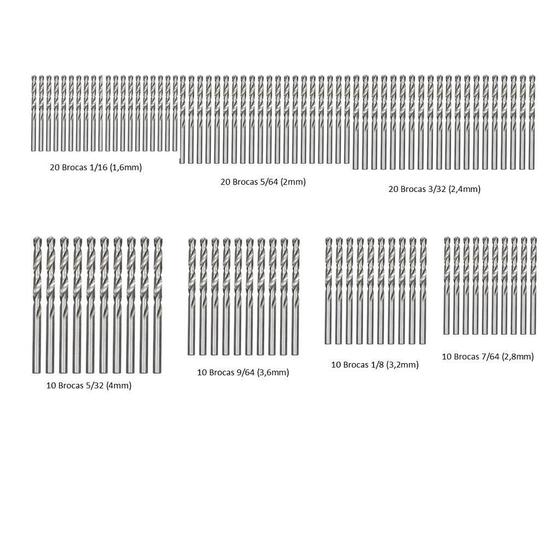 Imagem de Kit 100 Brocas Aço Rapido 1,6Mm(1/16) A 4Mm(5/32) Hss Din338