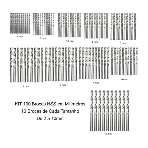 Imagem de Kit 100 Brocas Aço Rapido 2mm  a 10mm HSS DIN338 FERTAK