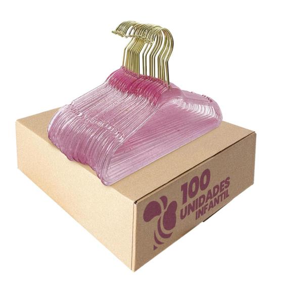 Imagem de Kit 100 Cabide Acrílico Rosa Infantil Gliter Gancho Dourado