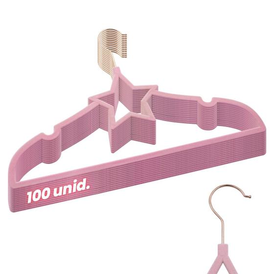 Imagem de Kit 100 Cabides Veludo Rosa Gancho Rose Slim Formato Estrela