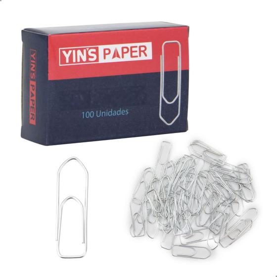 Imagem de Kit 100 Clips Papel Metal 50mm Inox Escola Casa Escritorio Yins YP7117