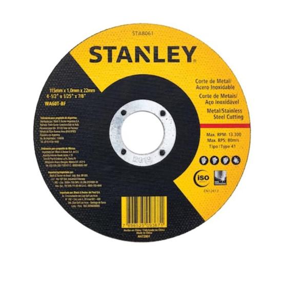 Imagem de Kit 100 Disco de Corte Fino Metal Inox Esmerilhadeira Stanley STA8061 4 1/2 X 1,0MM X 7/8" 