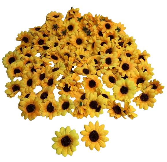 Imagem de Kit 100 flores de girassol artificial, sem cabo, 4 cm