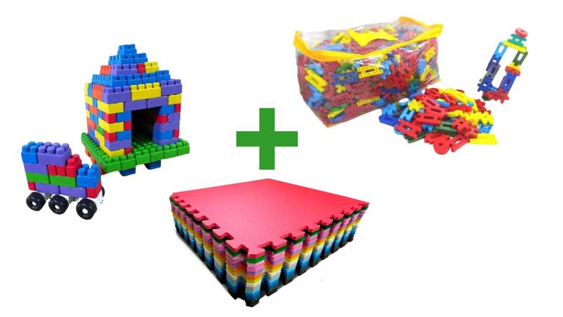 Imagem de Kit 100 lig barras para montar infantil + 2 tatames antiderrapantes 1x1 + 100 peças de multi blocos para montar infantil