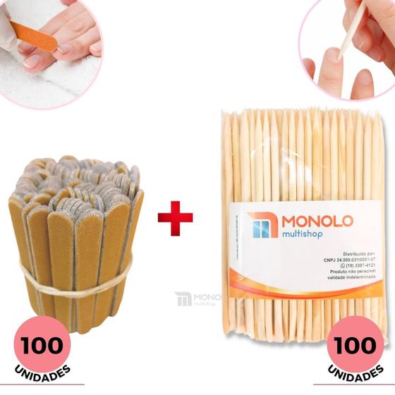 Imagem de Kit 100 Lixas de Unha Mini + 100 Palitos Manicure Pedicure Descartável