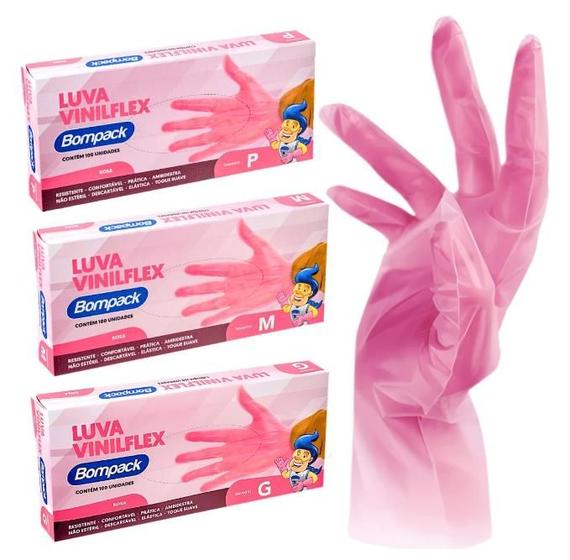 Imagem de Kit 100 Luvas Plásticas VInilflex Rosa Descartável Tam P M G Resistente TPE S/ Pó Elástica Resistente Bompack