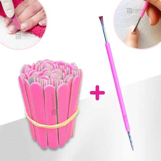 Imagem de Kit 100 Mini Lixa Unha + 1 Espátula Mista Cutícula Manicure Cutelaria Silicone Rosa Empurrador Palito Aço Inox